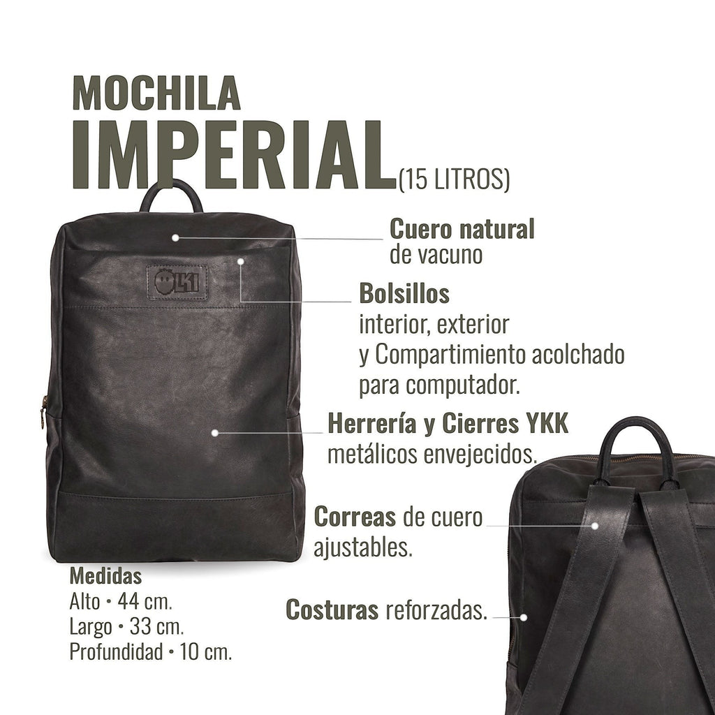 Mochila negra OLKI Imperial de cuero de vacuno, 15 litros, con compartimento acolchado para ordenador y múltiples bolsillos.
