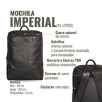 Mochila negra OLKI Imperial de cuero de vacuno, 15 litros, con compartimento acolchado para ordenador y múltiples bolsillos.