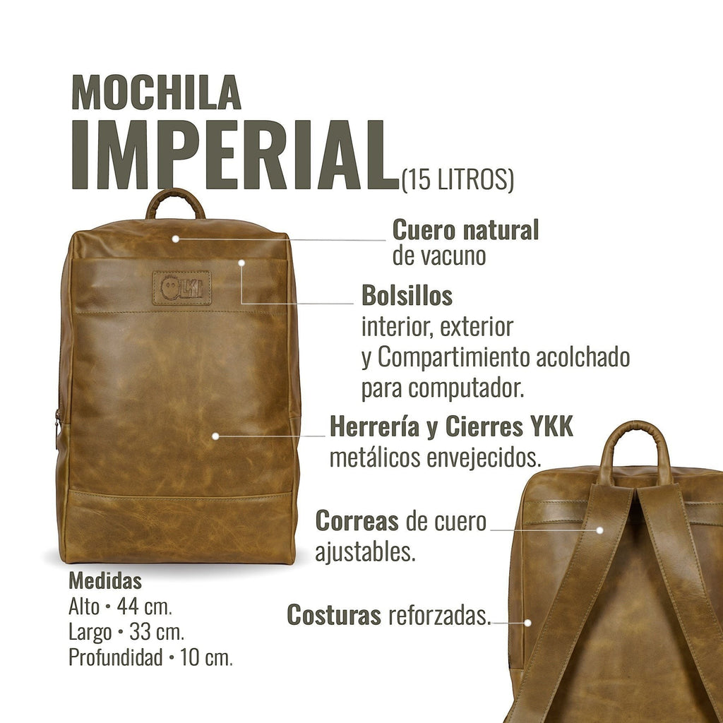 Mochila Imperial Verde de cuero de vacuno de OLKI, con compartimento acolchado para portátil y 15 litros de capacidad.