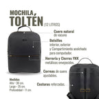 Mochila negra de cuero de vacuno OLKI Toltén de 12 litros con compartimento acolchado para portátil y correas ajustables.