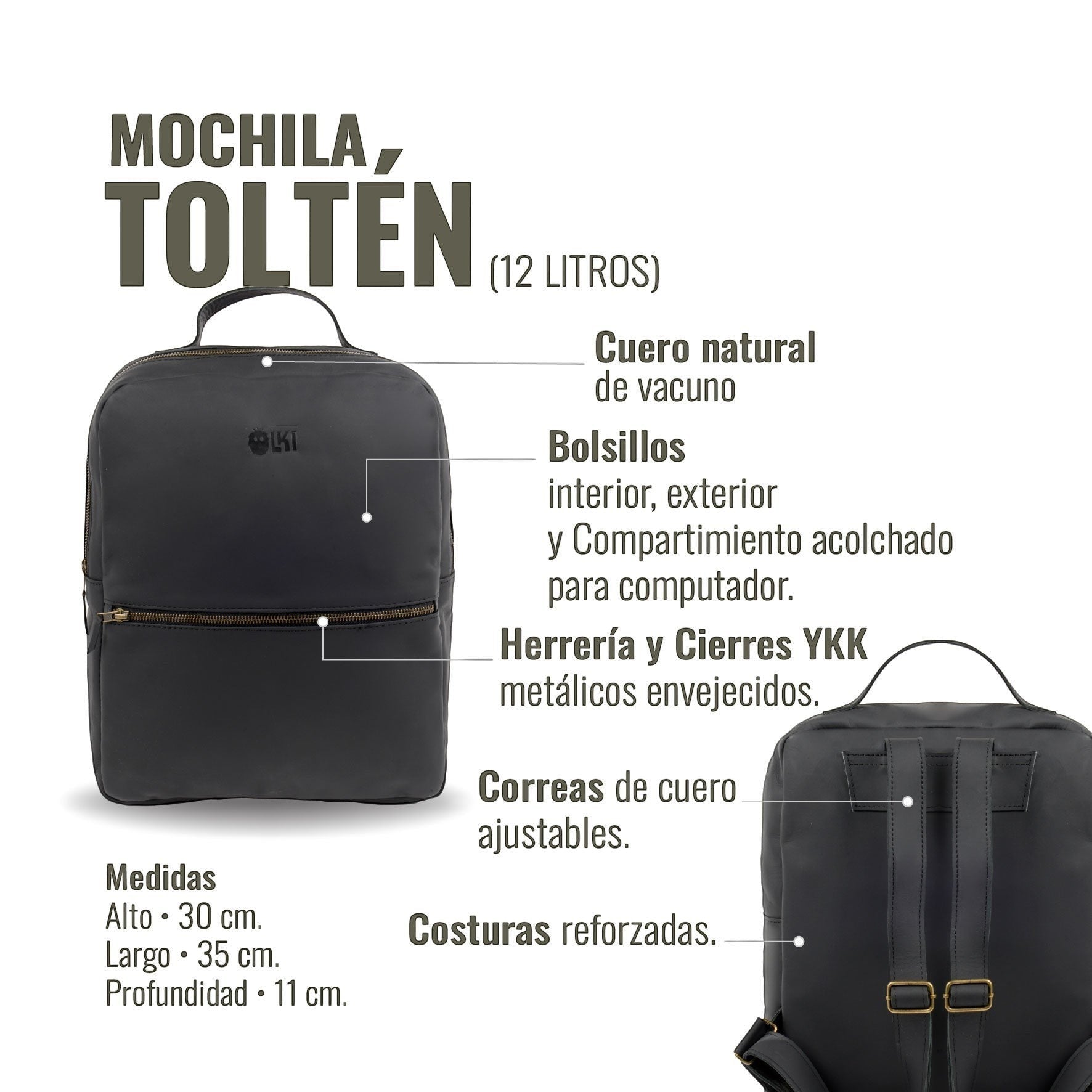 Mochila negra de cuero de vacuno OLKI Toltén de 12 litros con compartimento acolchado para portátil y correas ajustables.