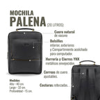 Mochila Palena Negra de cuero vacuno de OLKI, 20 litros, con compartimento para portátil y correas ajustables.