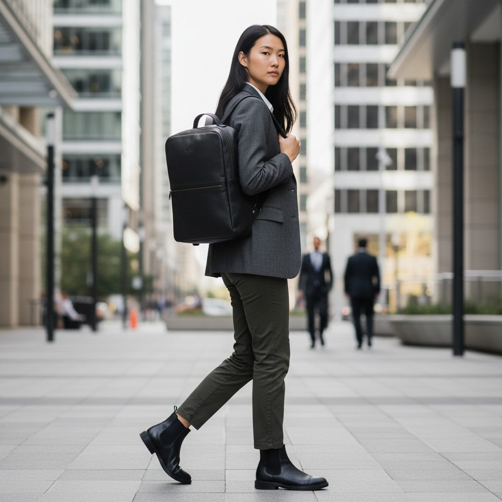 Mochila OLKI Toltén negra de cuero, con compartimento acolchado para portátil y cremalleras doradas. Diseño minimalista y funcional.