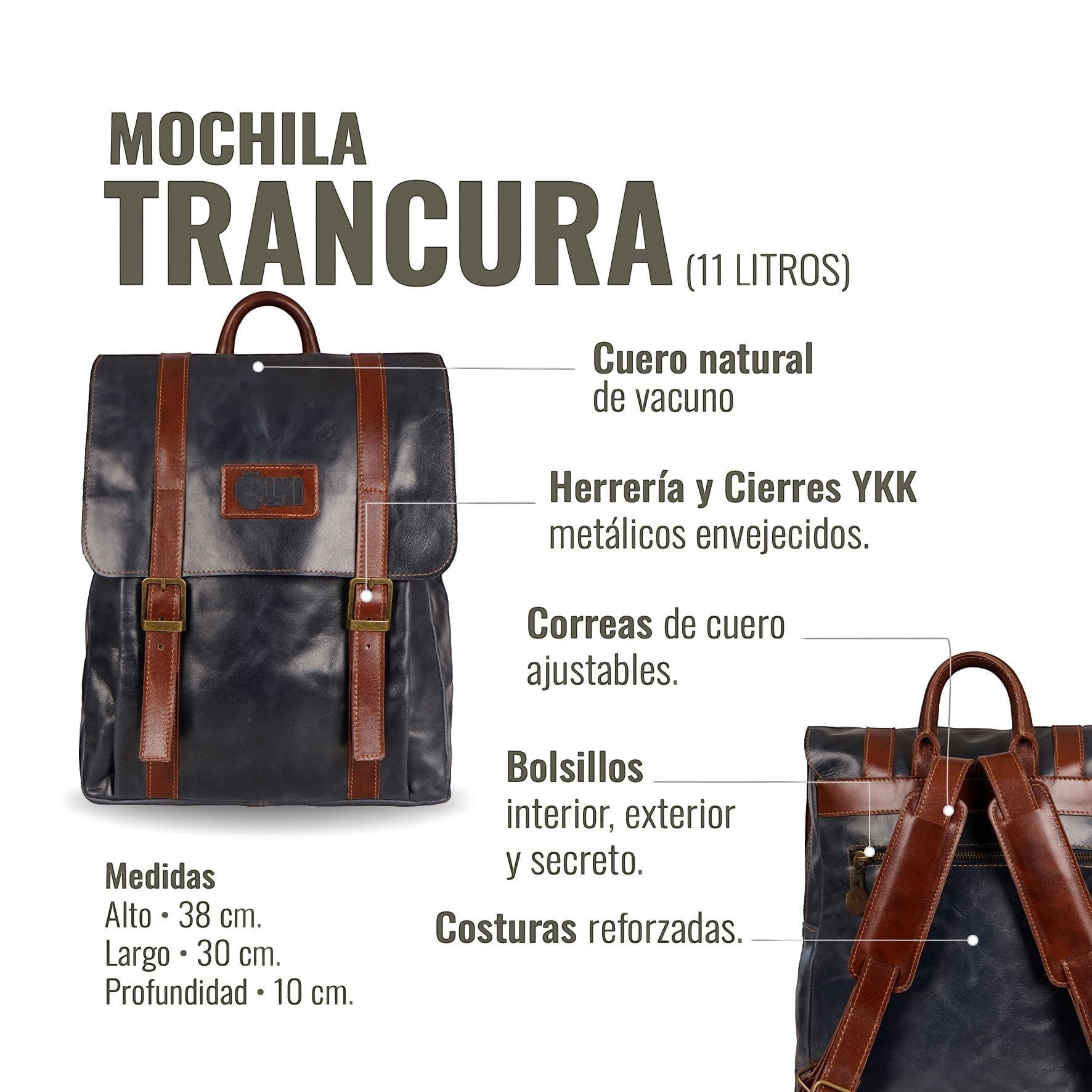 Mochila Trancura Azul de cuero de vacuno de OLKI, con correas ajustables y herrajes envejecidos. Capacidad 11 litros.