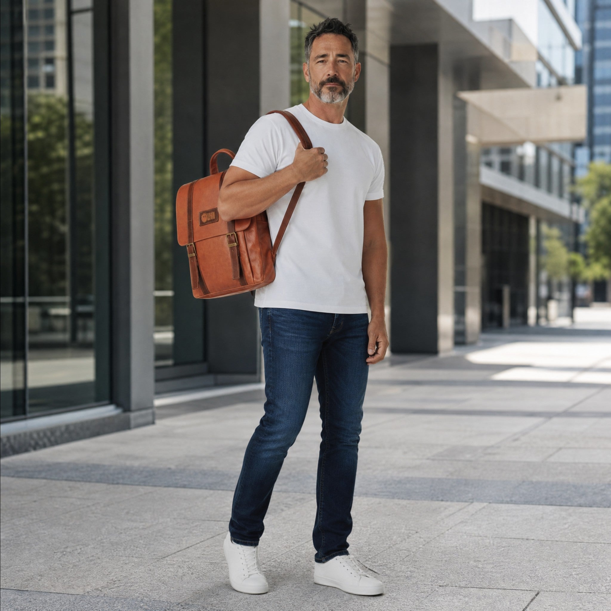 Mochila Trancura Curry de cuero marrón de OLKI con correas ajustables y hebillas doradas. Diseño clásico.