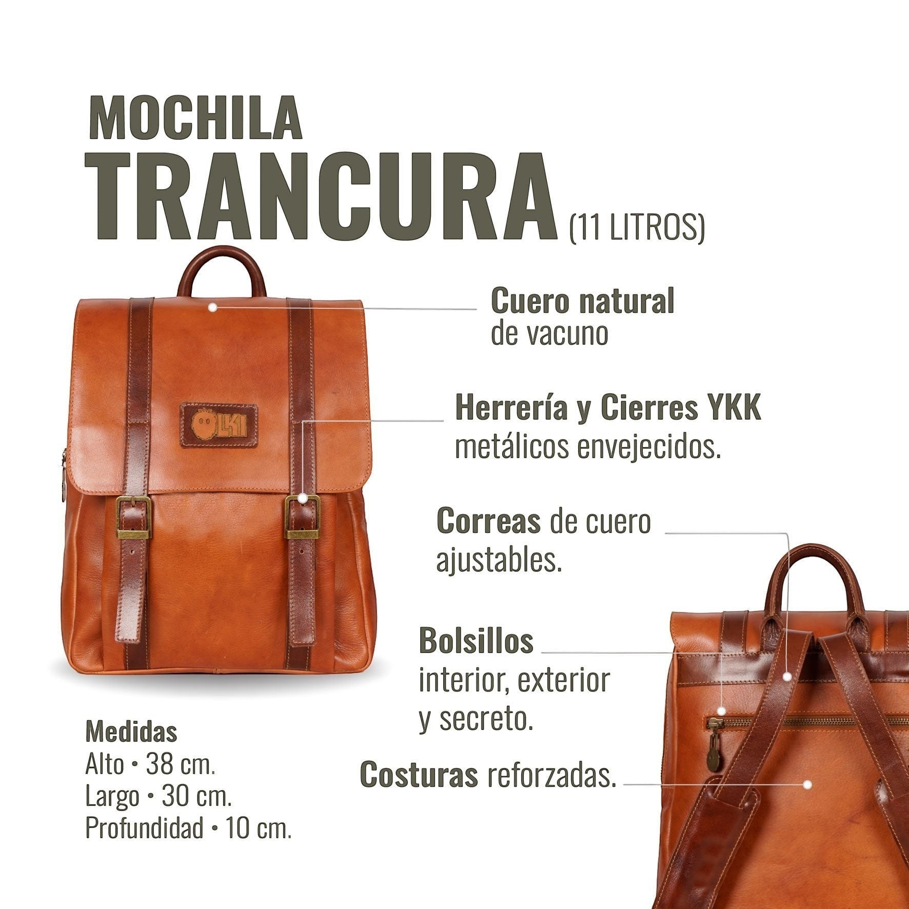 Mochila Trancura Curry de cuero natural de vacuno en color coñac. Con correas ajustables, bolsillos y costuras reforzadas. OLKI.