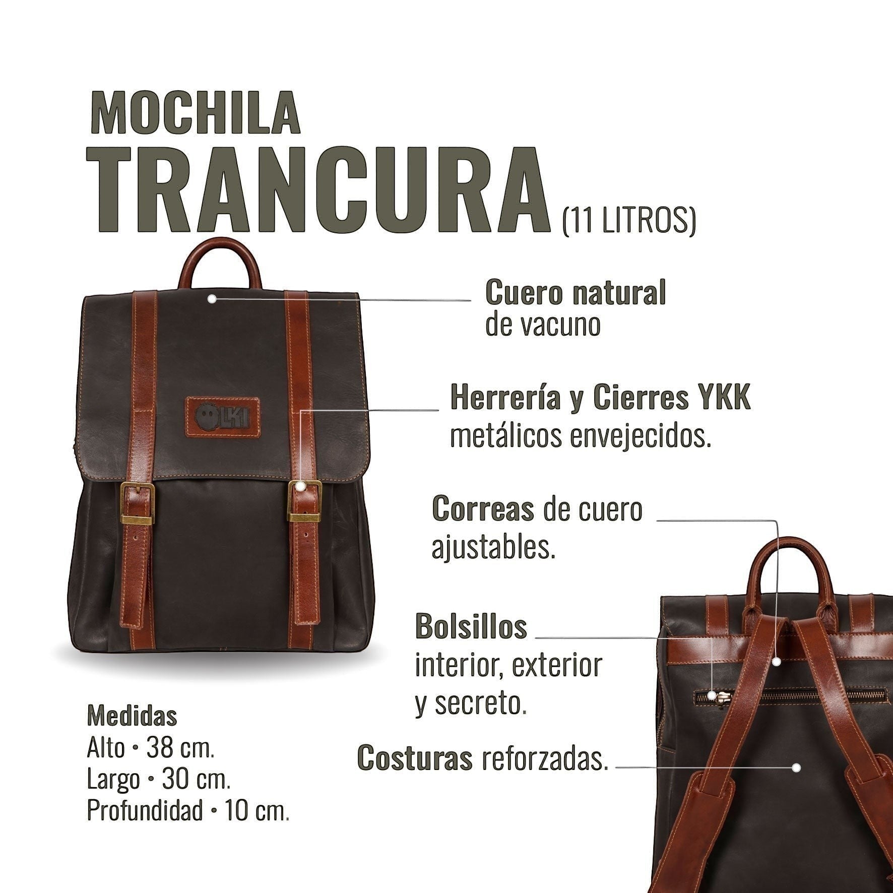 Mochila Trancura Negra de cuero vacuno de OLKI con correas ajustables y múltiples bolsillos. Capacidad 11 litros.