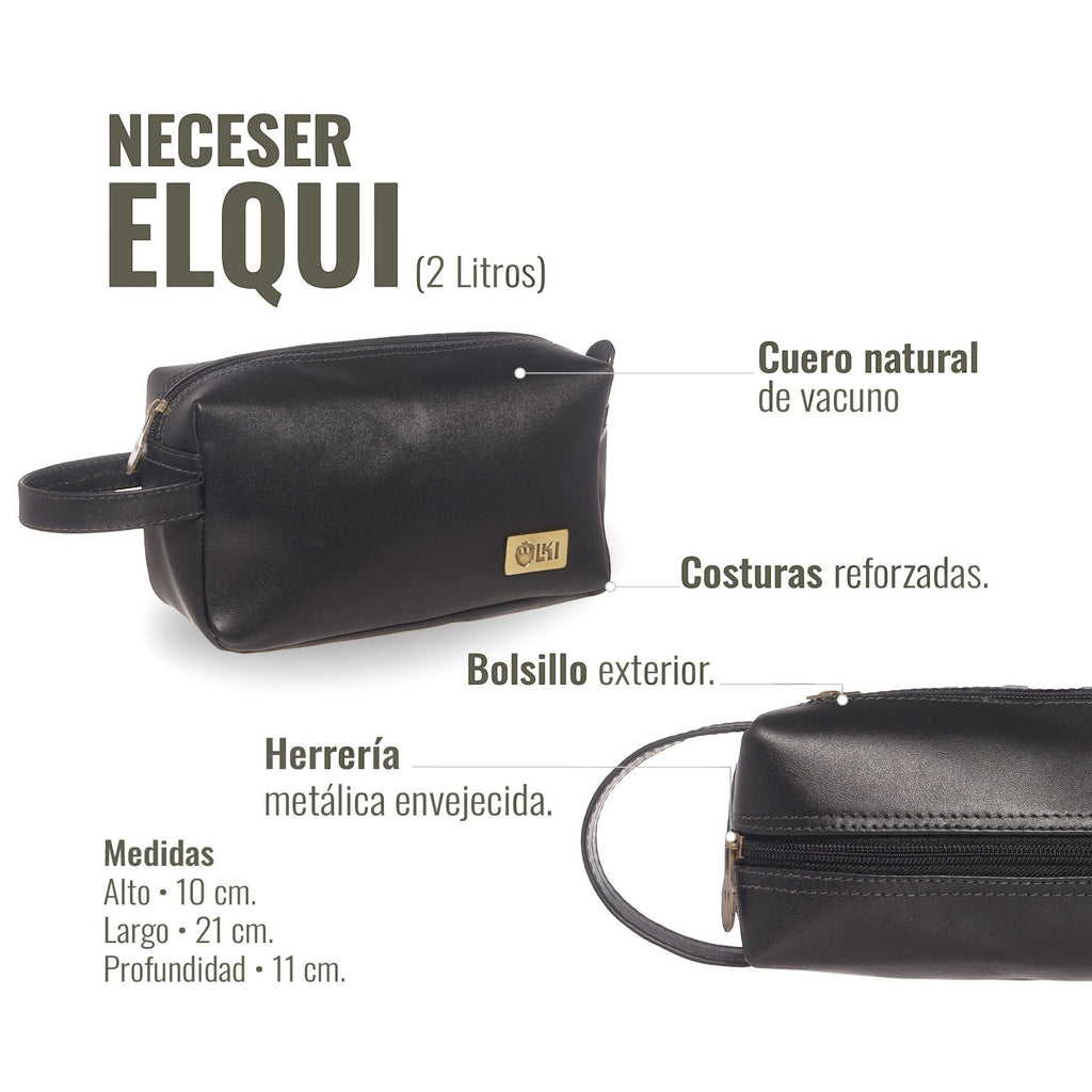 Neceser Elqui Negro de cuero natural de vacuno con bolsillo exterior y costuras reforzadas. Marca OLKI.