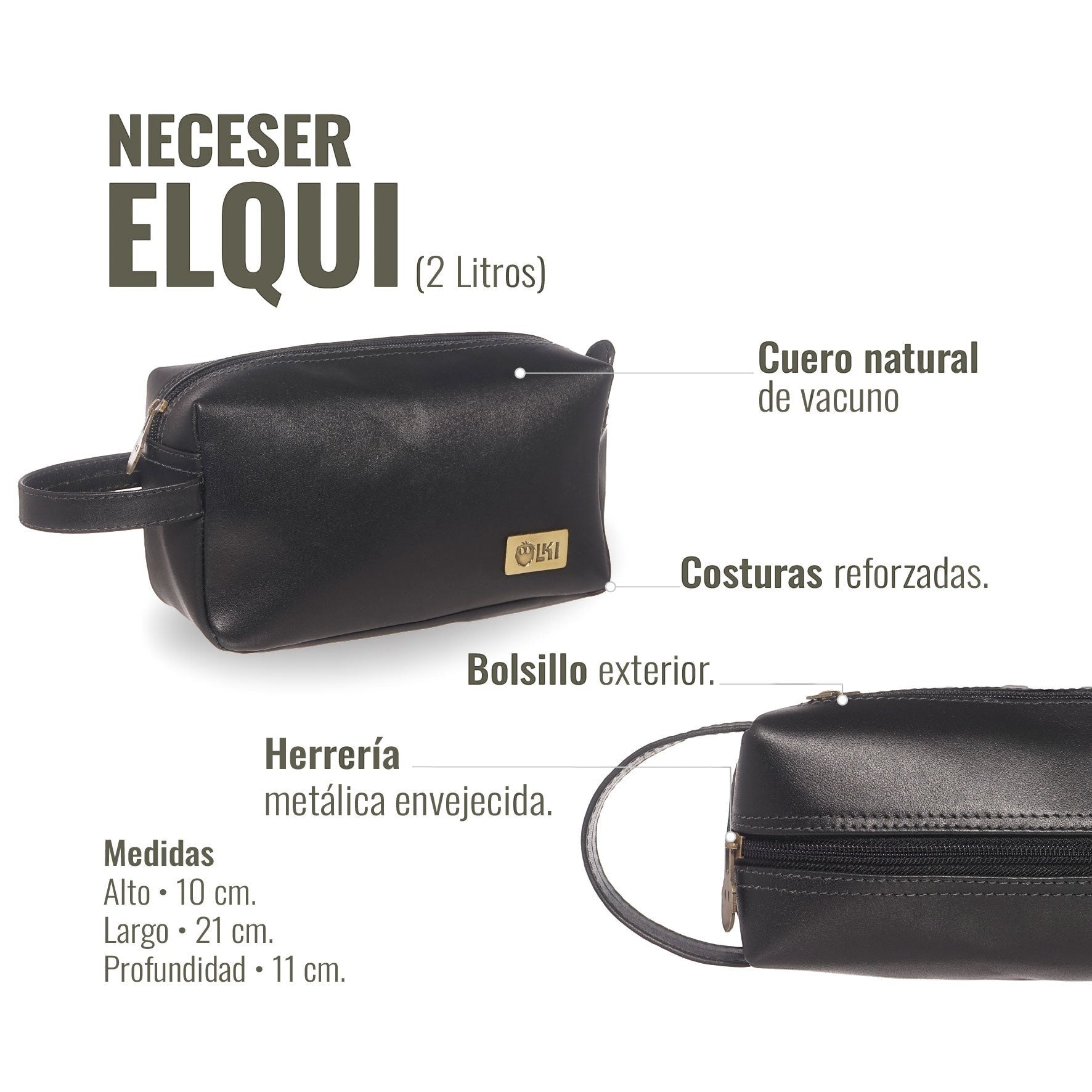 Neceser Elqui Negro de cuero natural de vacuno con bolsillo exterior y costuras reforzadas. Marca OLKI.