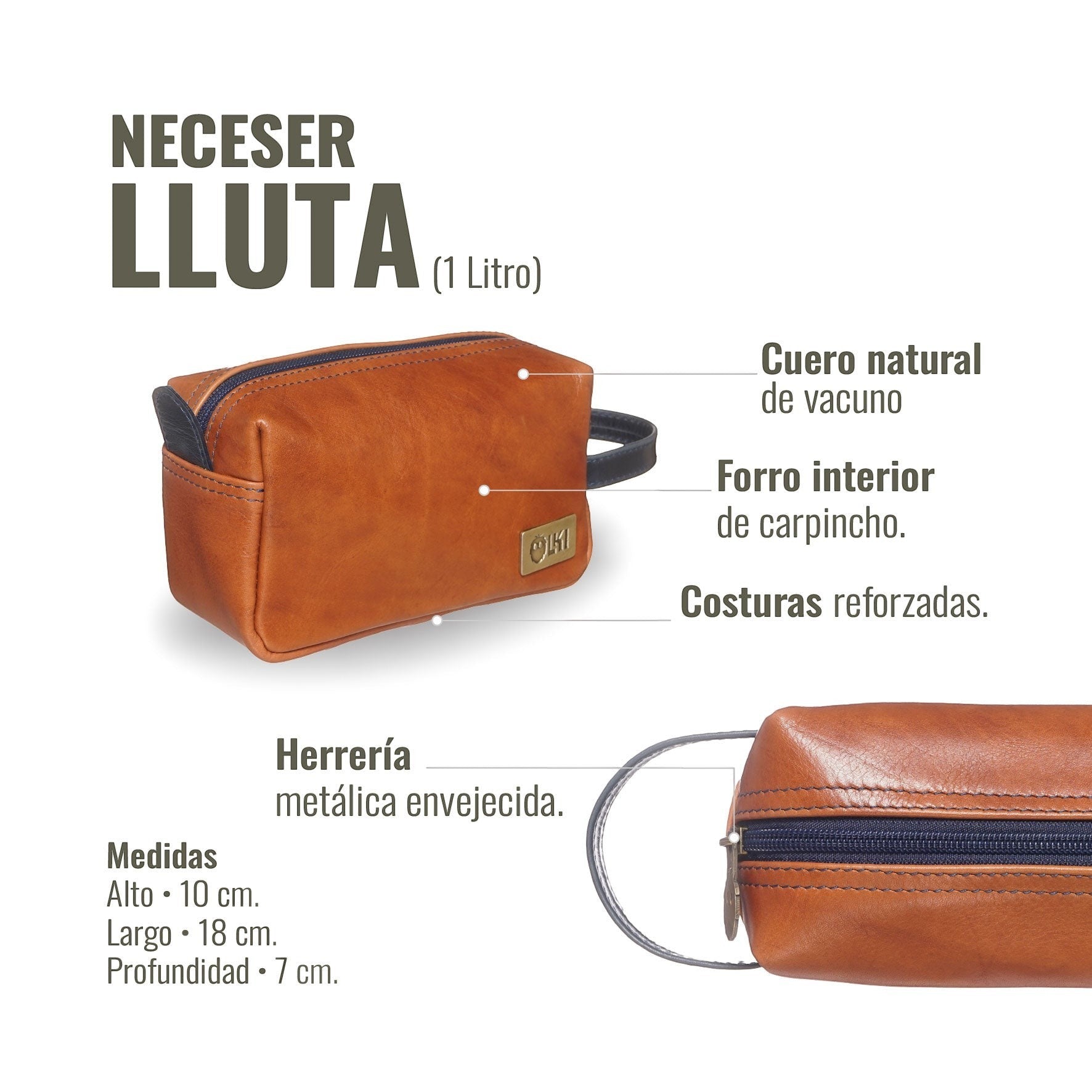 Neceser Lluta de cuero vacuno tostado de OLKI con cremallera azul marino y bolsillo exterior. Ideal para viajes.
