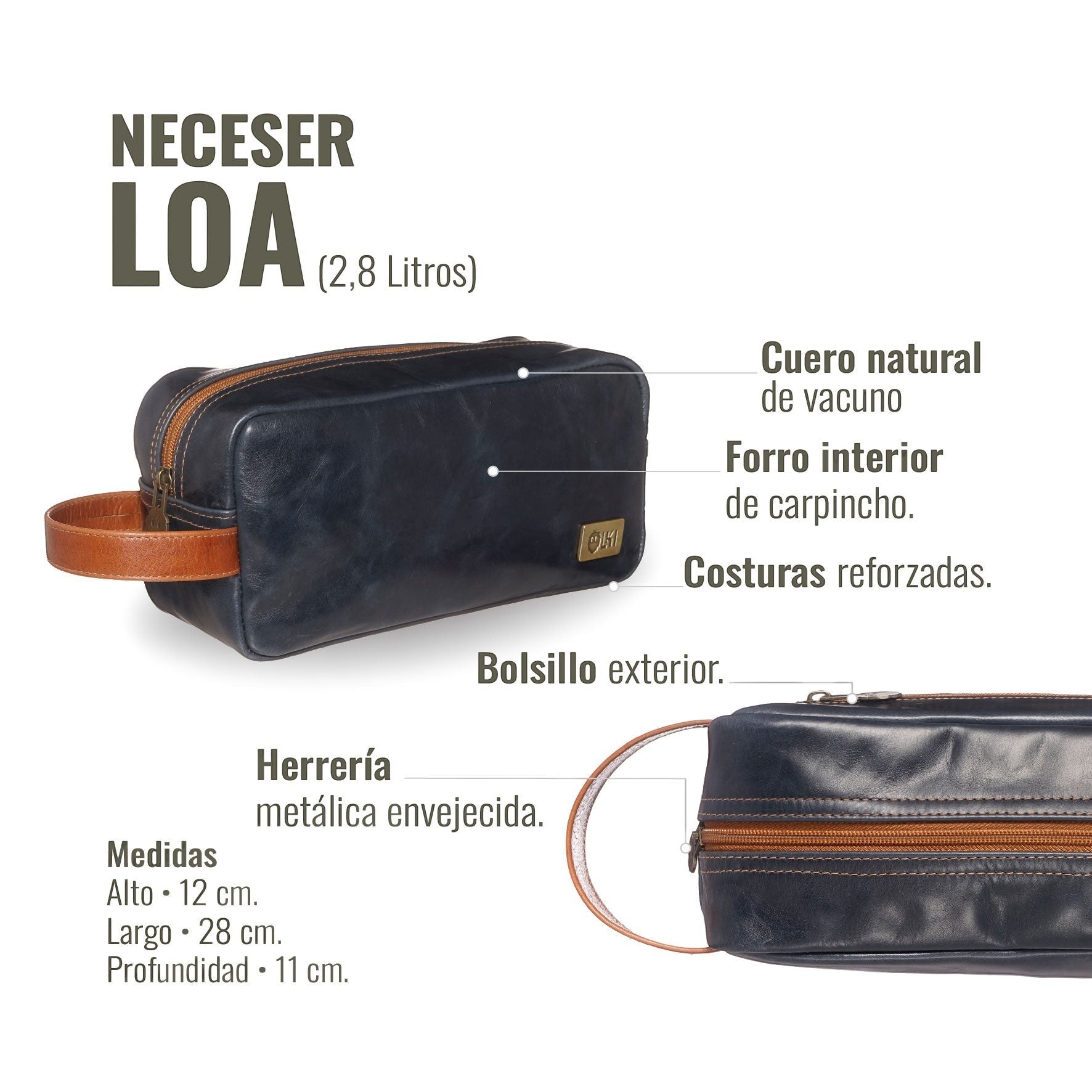Neceser Loa de OLKI en cuero azul marino y tostado, con bolsillo exterior y costuras reforzadas. Ideal para viajes.