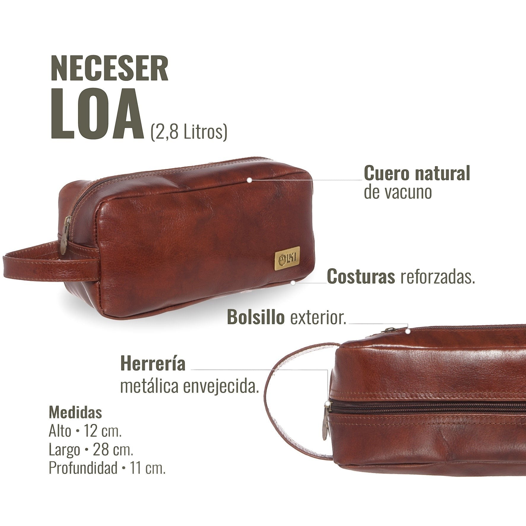 Neceser Loa Castaño de OLKI en cuero de vacuno con bolsillo exterior y costuras reforzadas. Ideal para viajes.