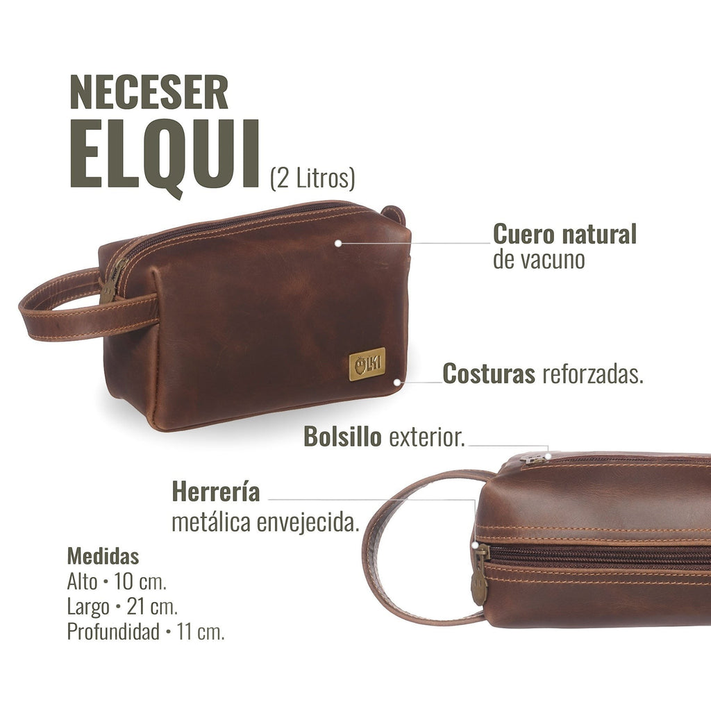 Neceser Elqui de OLKI en cuero marrón chocolate, con asa lateral, cremallera y bolsillo exterior. Ideal para viaje.