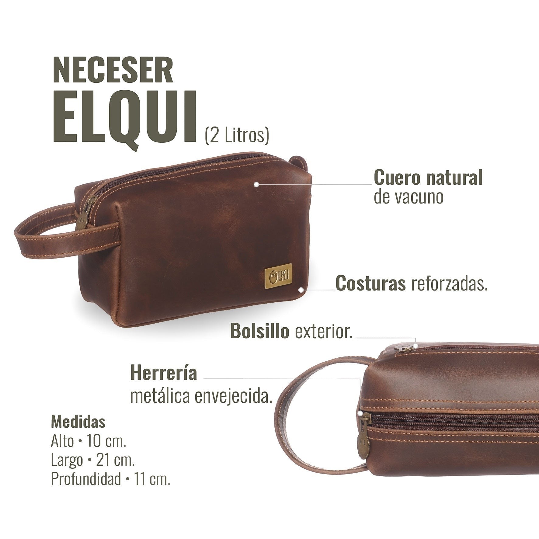 Neceser Elqui de OLKI en cuero marrón chocolate, con asa lateral, cremallera y bolsillo exterior. Ideal para viaje.