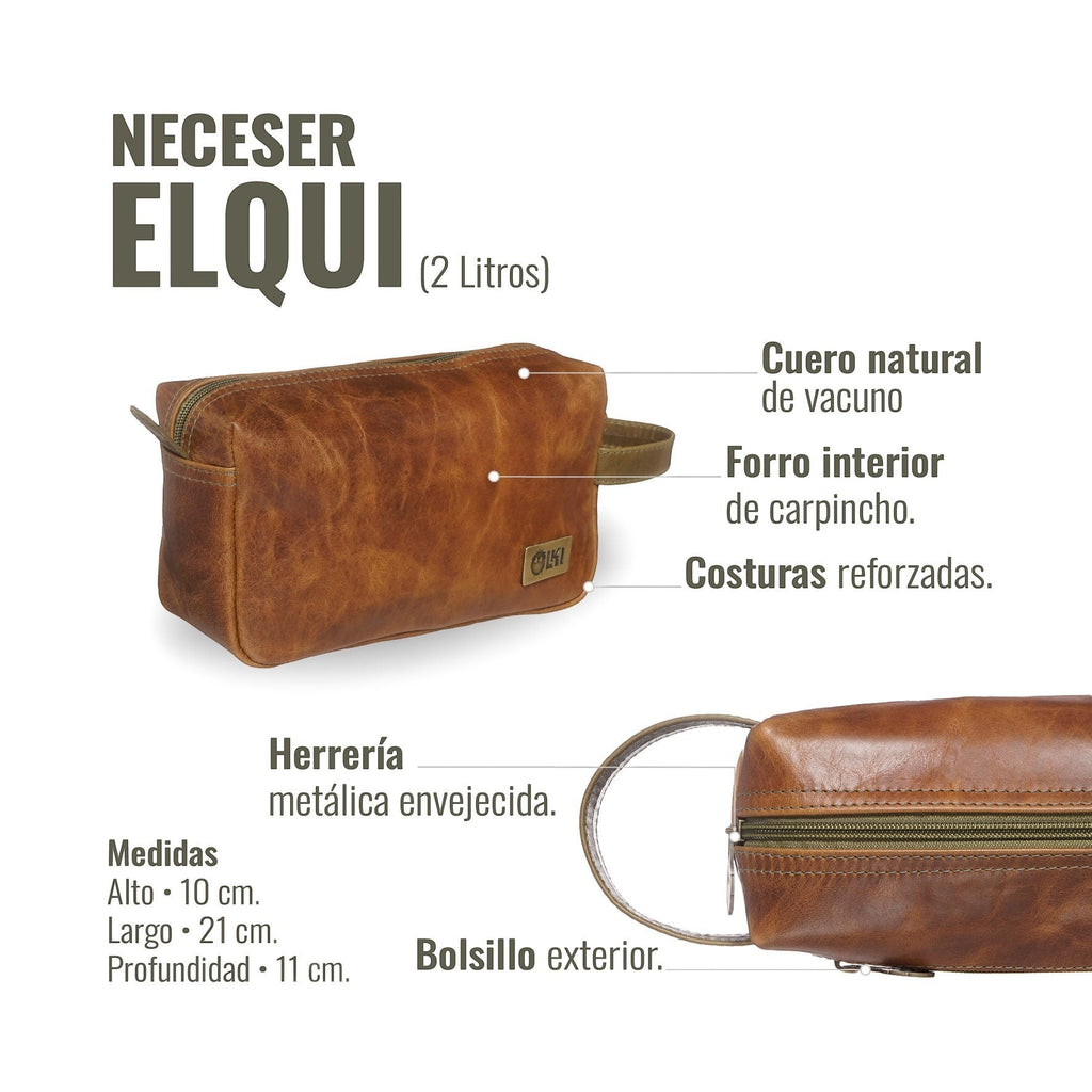 Neceser Elqui de piel color caramelo de OLKI con detalles verdes, cremallera y asa lateral. Diseño vintage.