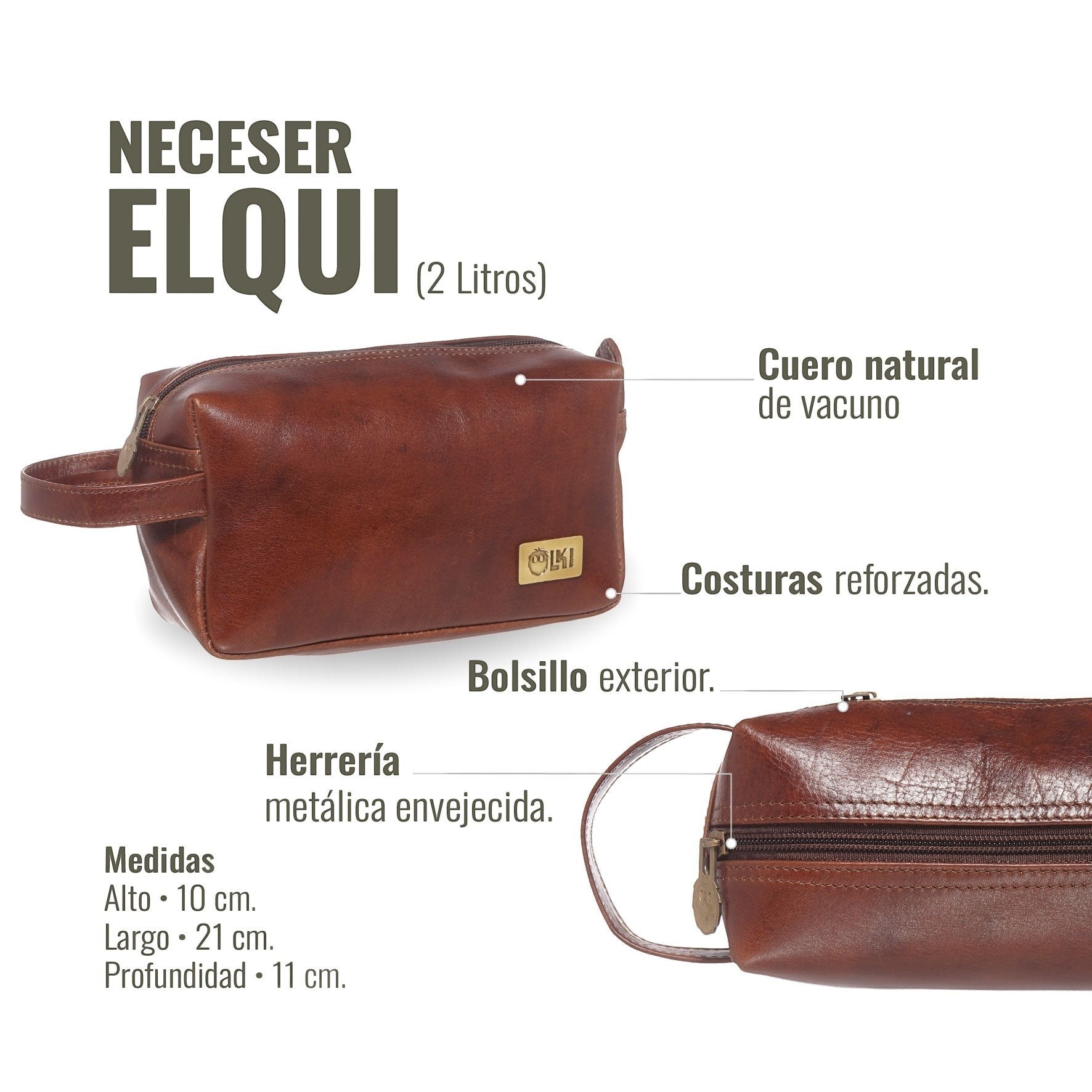 Neceser Elqui de OLKI en cuero natural castaño, con bolsillo exterior y cremallera metálica envejecida. Ideal para viajes.