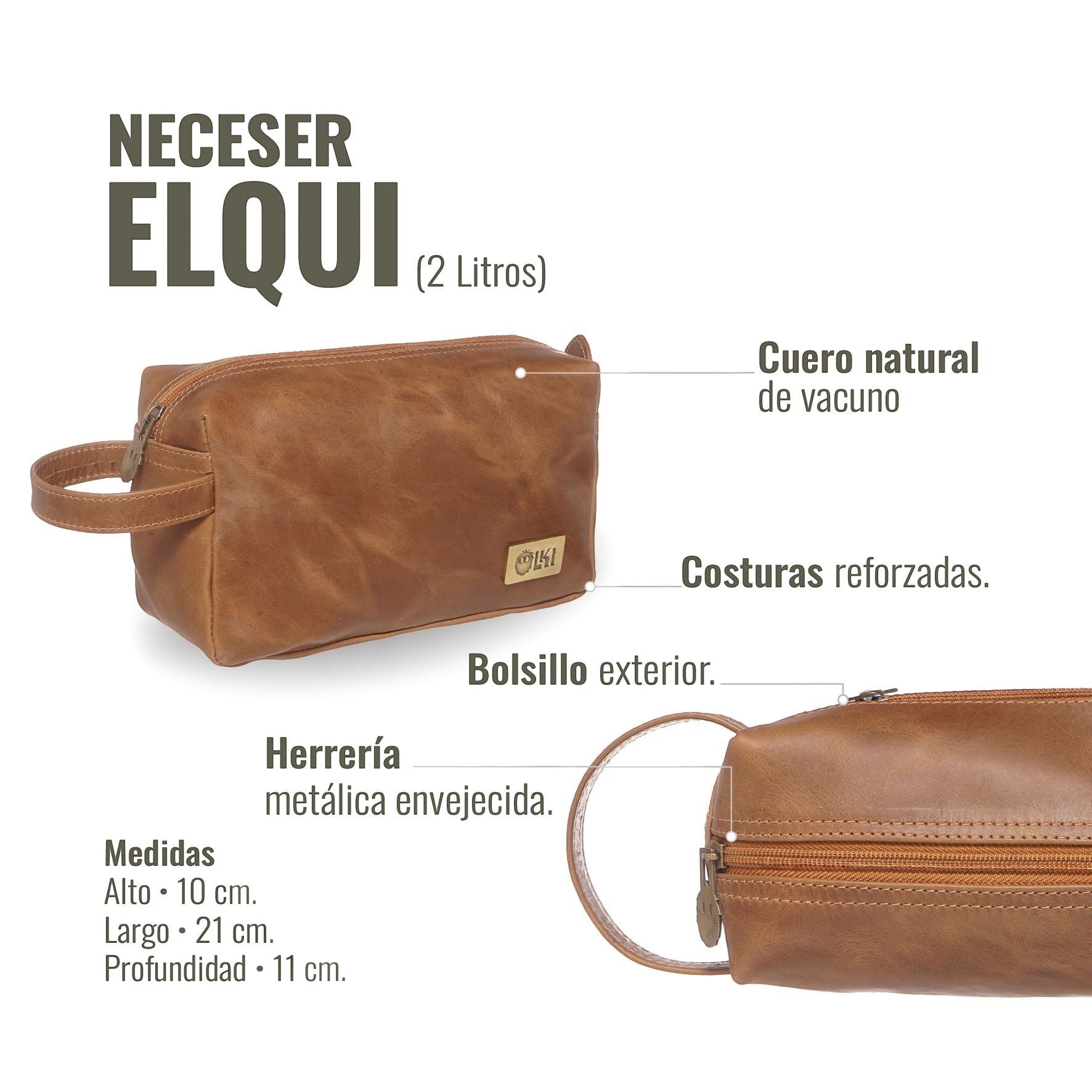 Neceser Elqui de OLKI en cuero habano, con bolsillo exterior y costuras reforzadas. Ideal para viaje.