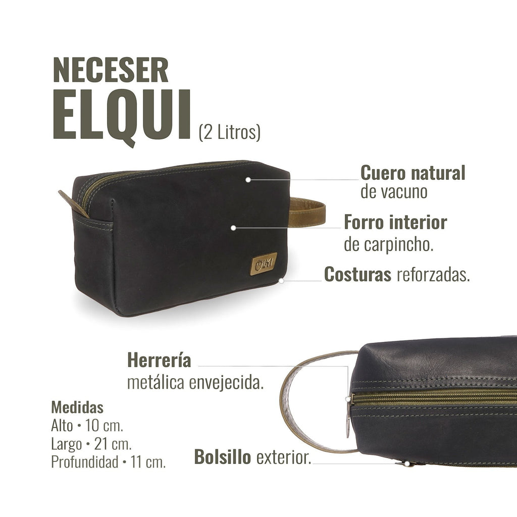 Neceser Elqui de OLKI en cuero negro y verde, con bolsillo exterior, asa de cuero y cremallera reforzada. Ideal para viajes.