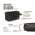Neceser Elqui de OLKI en cuero negro y verde, con bolsillo exterior, asa de cuero y cremallera reforzada. Ideal para viajes.