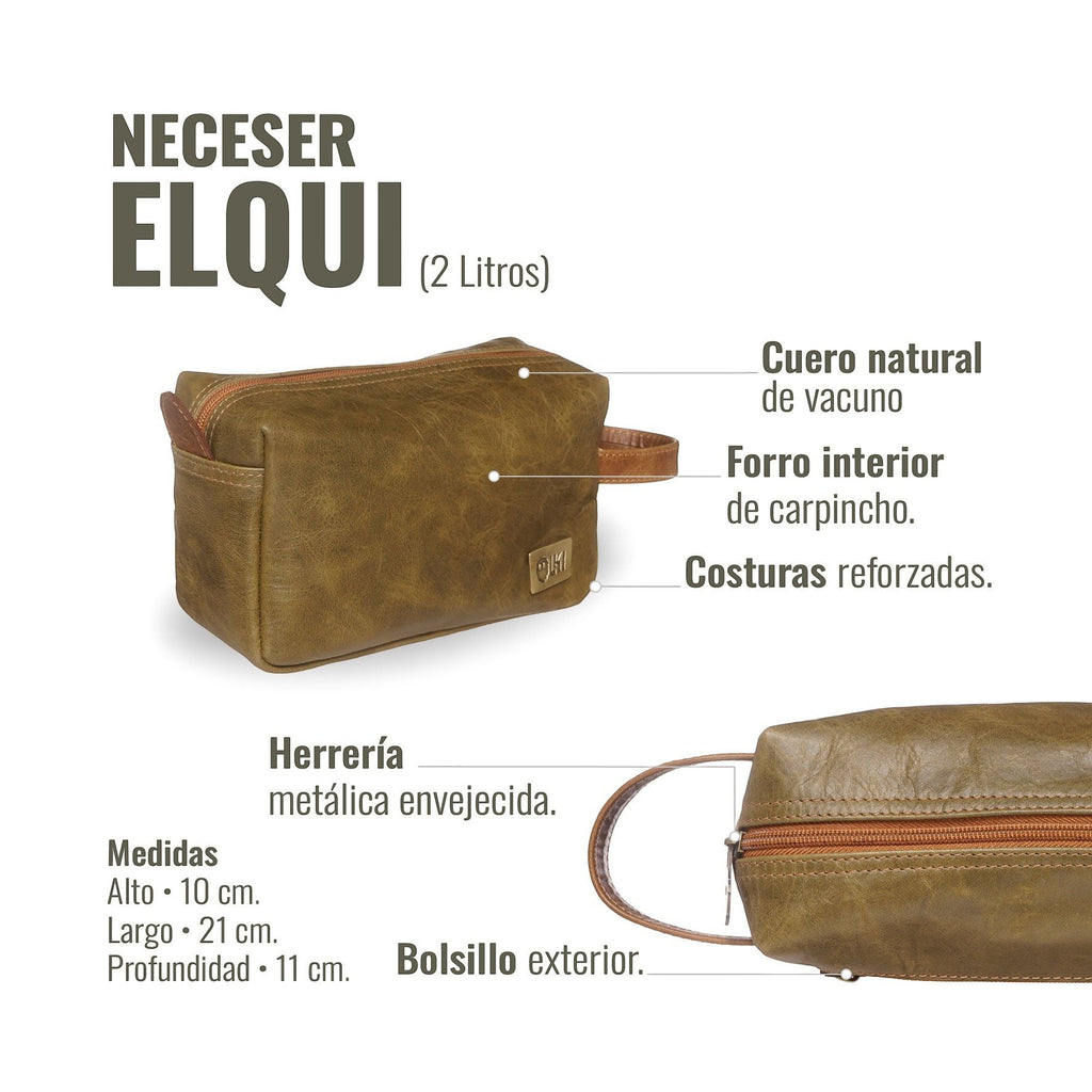 Neceser OLKI Elqui verde y caramelo de cuero natural con bolsillo exterior y cremallera reforzada. Ideal para viaje.