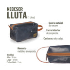 Neceser Lluta de cuero azul marino y tostado de OLKI, con cremallera, asa lateral y costuras reforzadas.