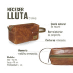 Neceser Lluta de cuero vacuno color caramelo con detalles verdes, forro interior de carpincho y costuras reforzadas. OLKI.