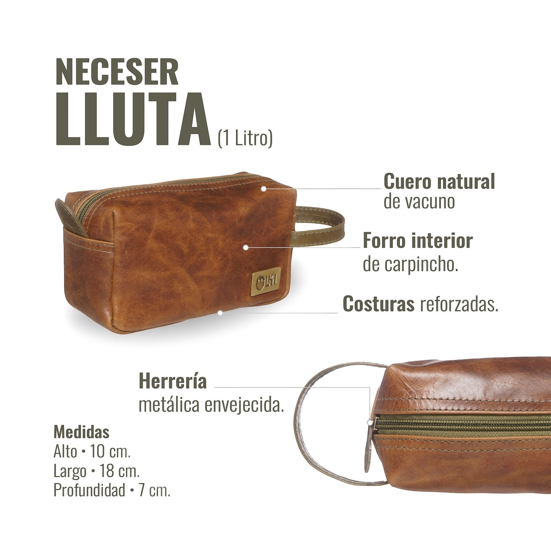 Neceser Lluta de cuero vacuno color caramelo con detalles verdes, forro interior de carpincho y costuras reforzadas. OLKI.