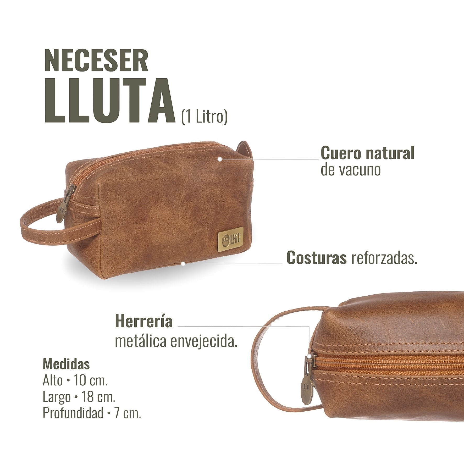 Neceser Lluta Habano de OLKI en cuero marrón con costuras reforzadas y herrajes envejecidos. Ideal para viajes.