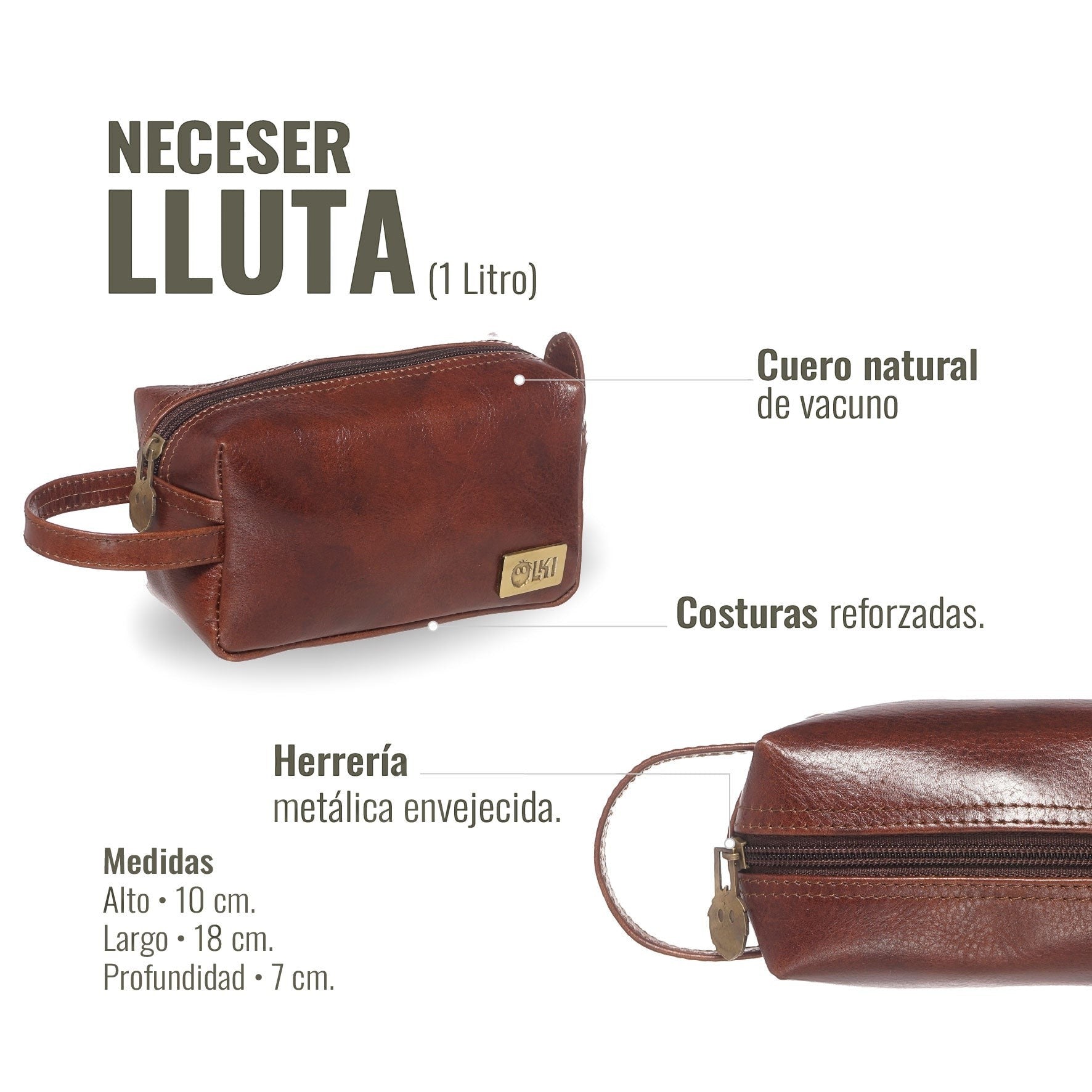 Neceser Lluta de cuero castaño de OLKI con costuras reforzadas y herrería envejecida. Ideal para organizar artículos de aseo.