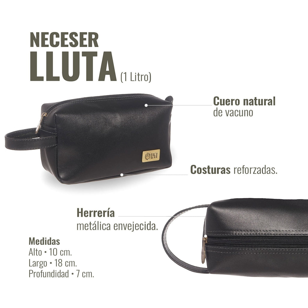Neceser Lluta Negro de cuero natural de vacuno con asa lateral y costuras reforzadas de OLKI.