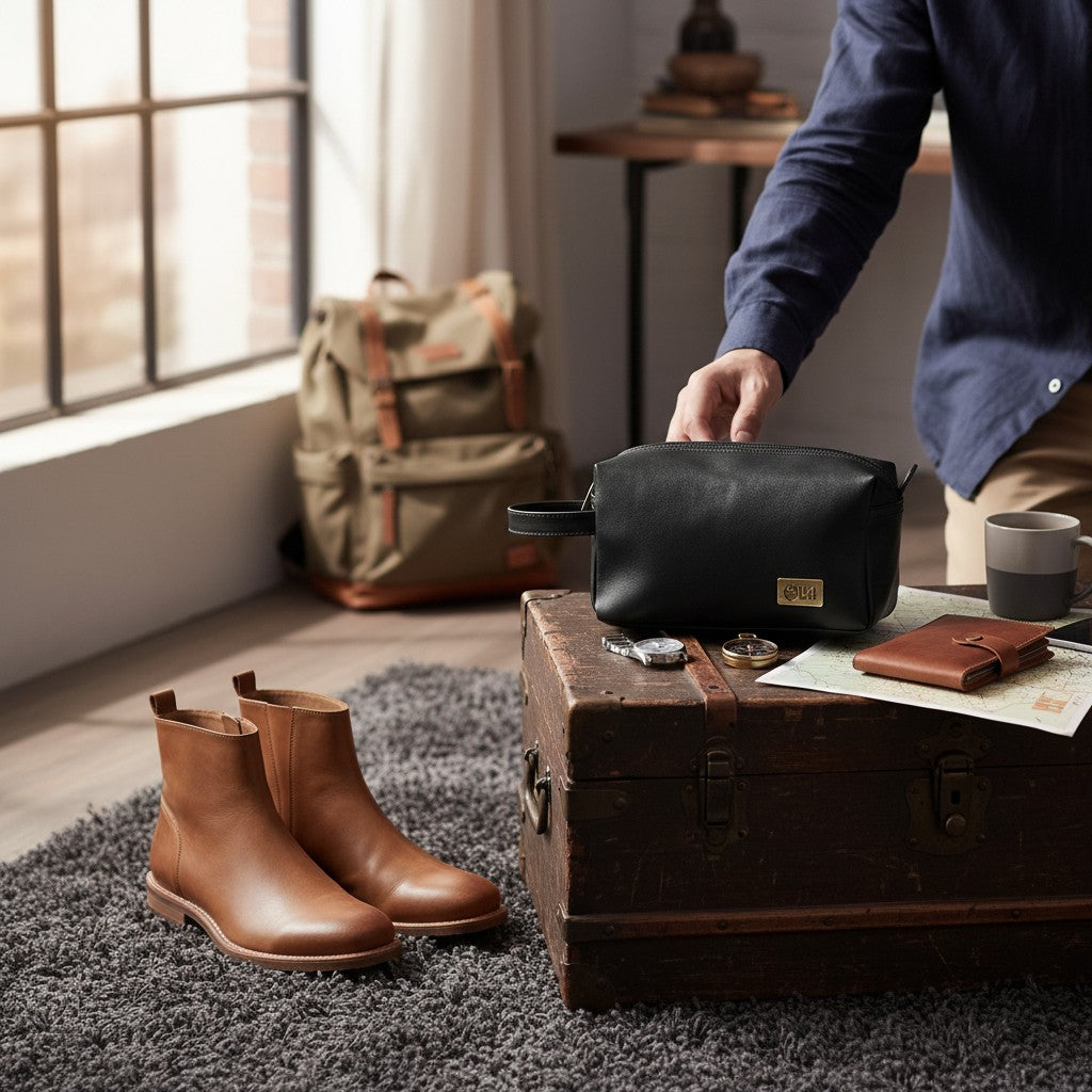 Neceser OLKI Lluta Negro de cuero con asa lateral y placa dorada. Ideal para viaje y uso diario.
