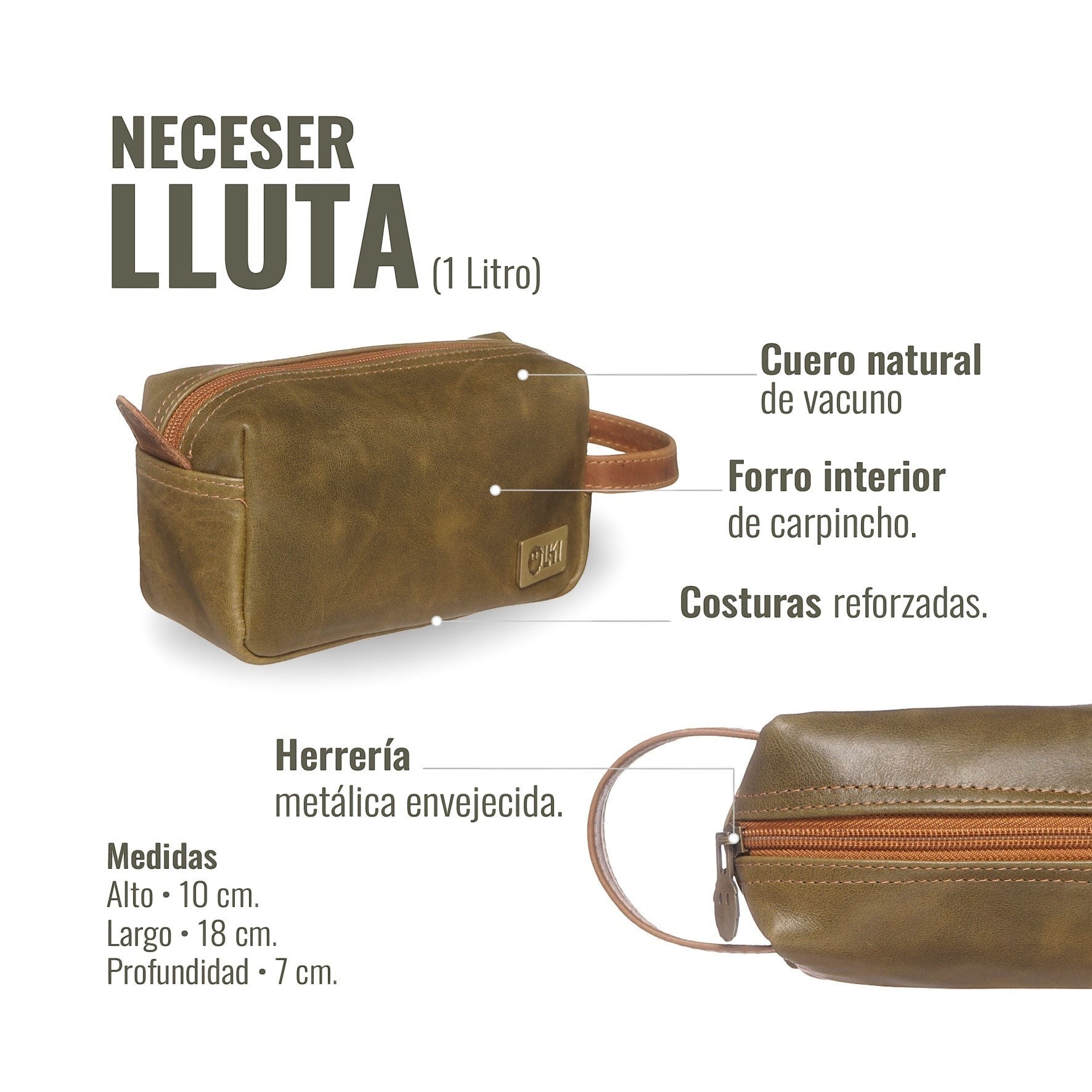 Neceser Lluta de cuero verde y caramelo de OLKI, con forro interior de carpincho y costuras reforzadas. Ideal para viaje.
