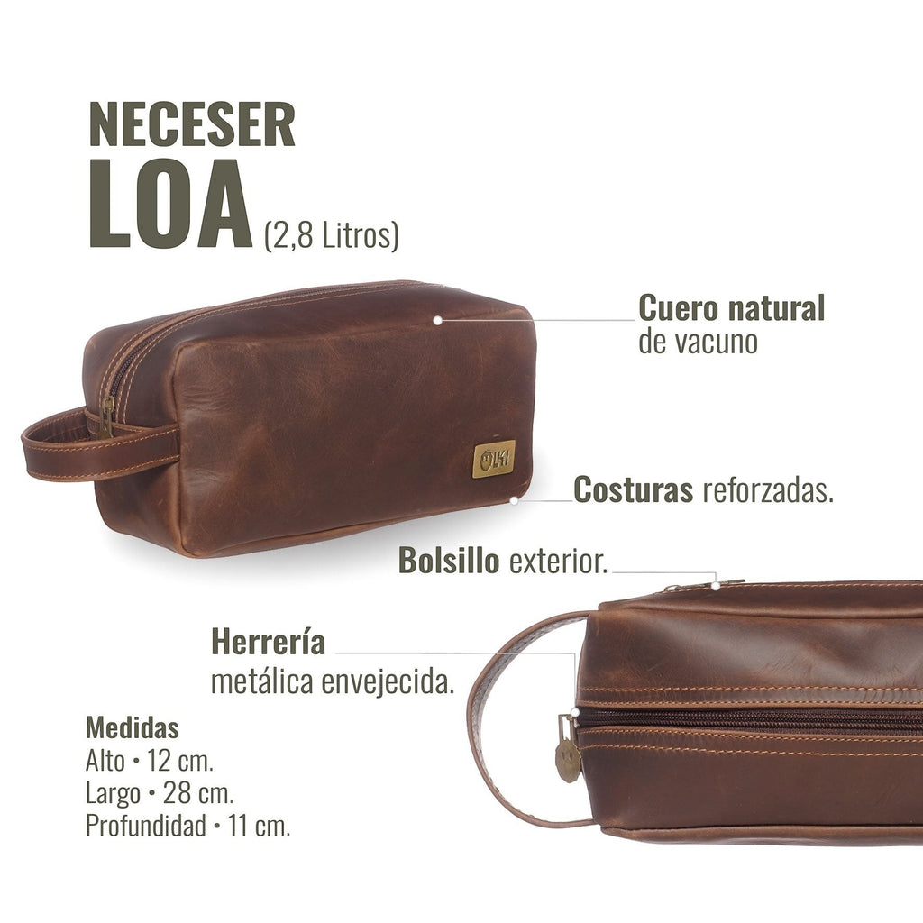 Neceser Loa Chocolate de OLKI en cuero natural de vacuno con costuras reforzadas y bolsillo exterior. Asa lateral y herrajes envejecidos.