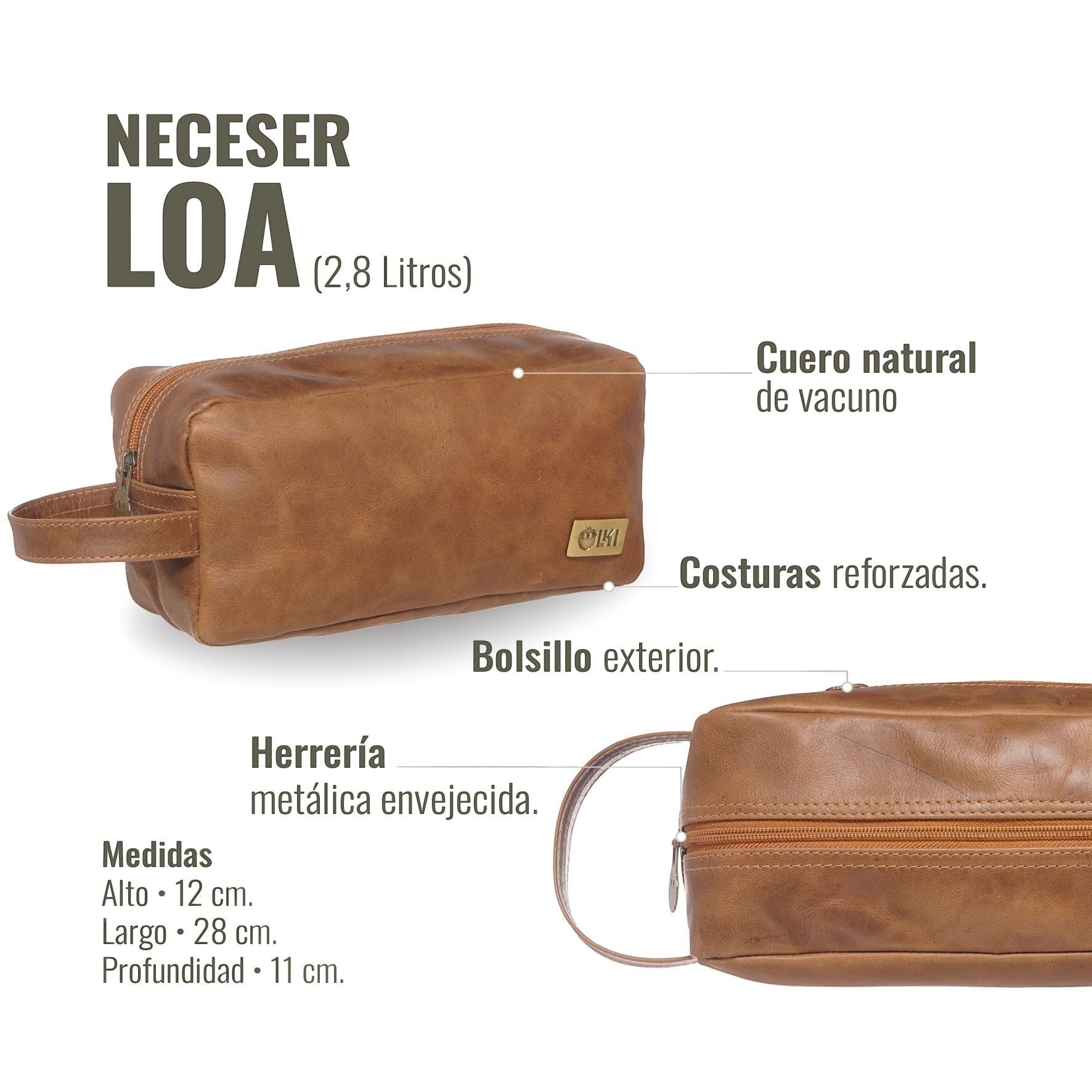 Neceser Loa Habano de OLKI en cuero natural, con bolsillo exterior y cremallera. Ideal para viajes.