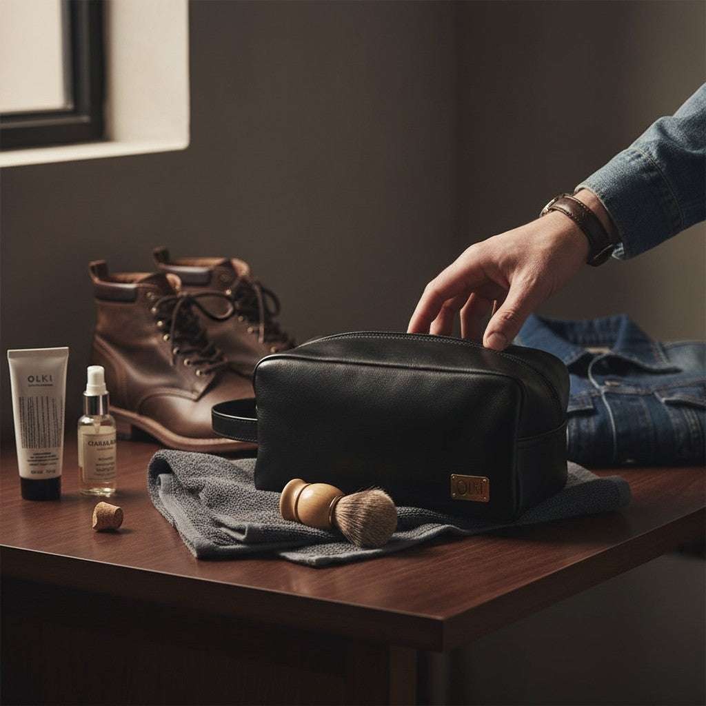 Neceser Loa Negro de cuero de OLKI con asa lateral y placa dorada. Elegante y funcional para viajes y uso diario.