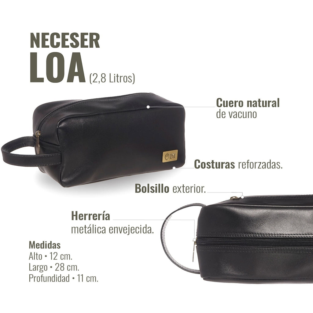 Neceser Loa Negro de cuero natural de vacuno de OLKI con costuras reforzadas y bolsillo exterior.