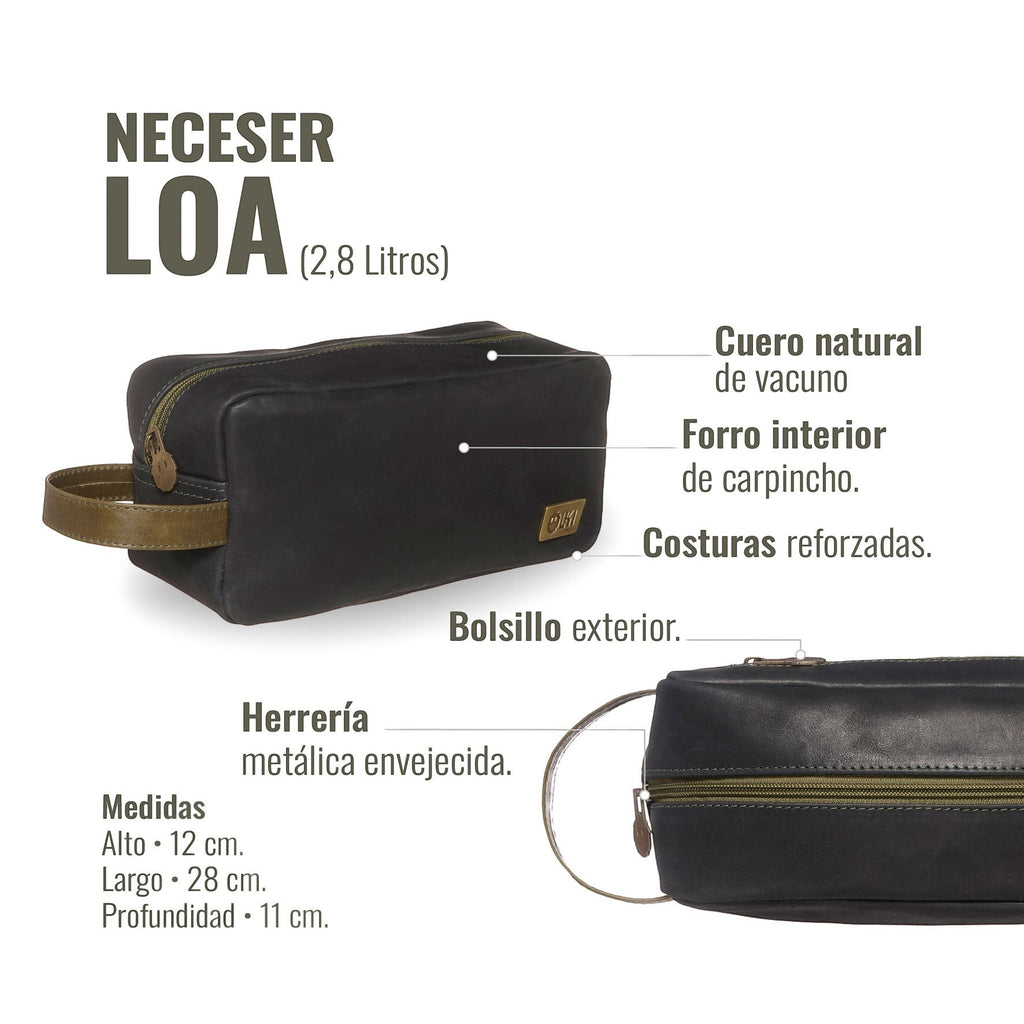 Neceser Loa de OLKI en cuero negro y verde, con bolsillo exterior y costuras reforzadas. Ideal para viajes.