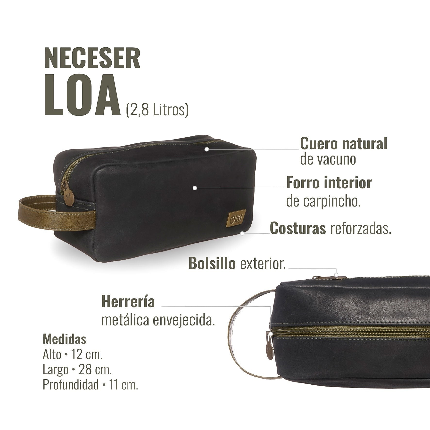 Neceser Loa de OLKI en cuero negro y verde, con bolsillo exterior y costuras reforzadas. Ideal para viajes.