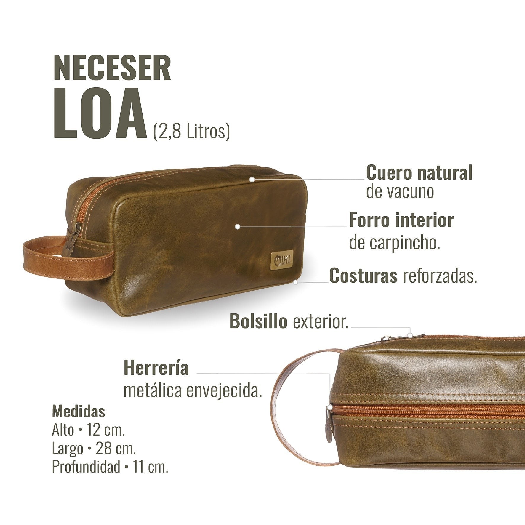 Neceser Loa de OLKI en cuero verde con detalles caramel, cierre de cremallera y asa lateral. Diseño vintage y moderno.