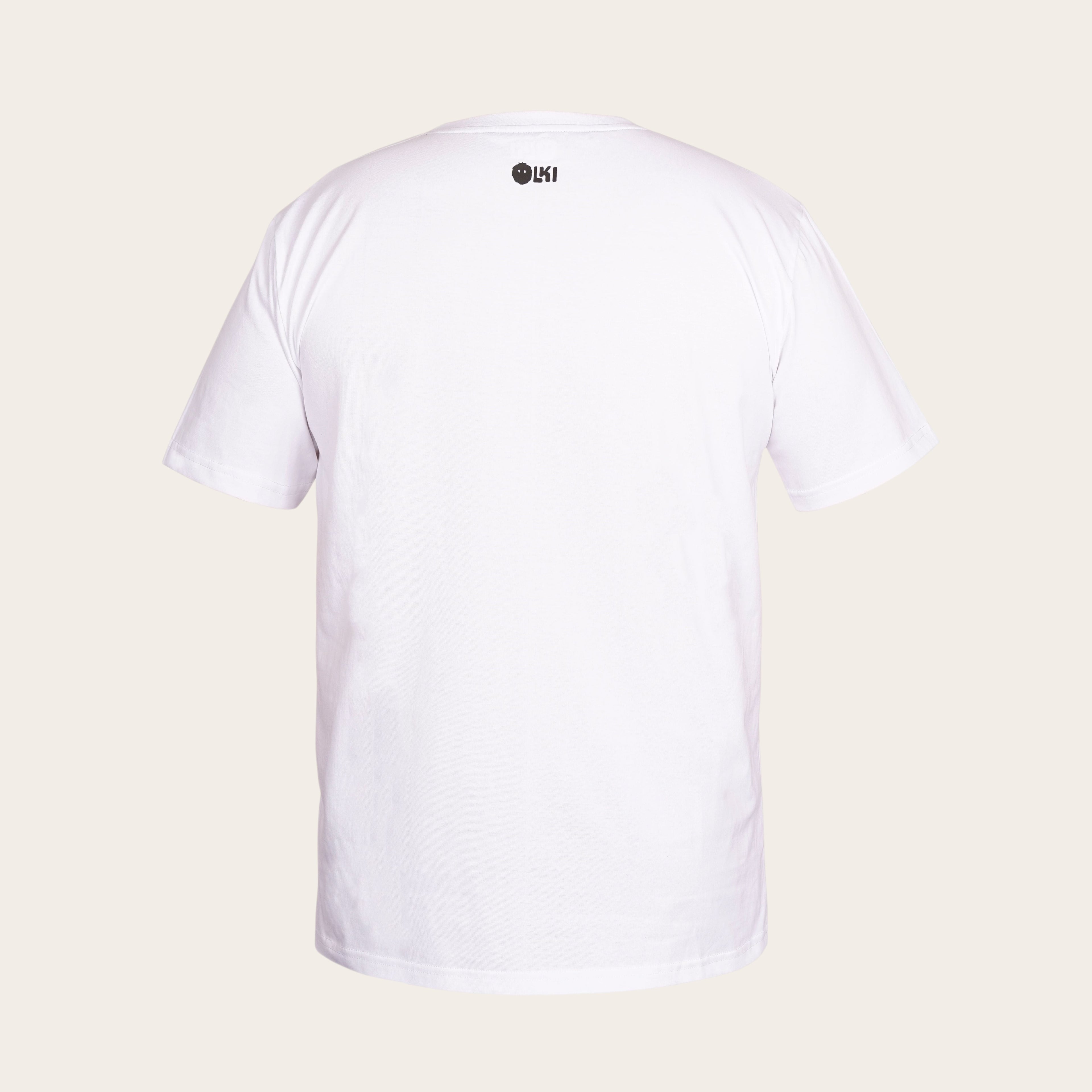 Polera blanca de manga corta OLKI 100% algodón peruano premium con logo discreto en la nuca.