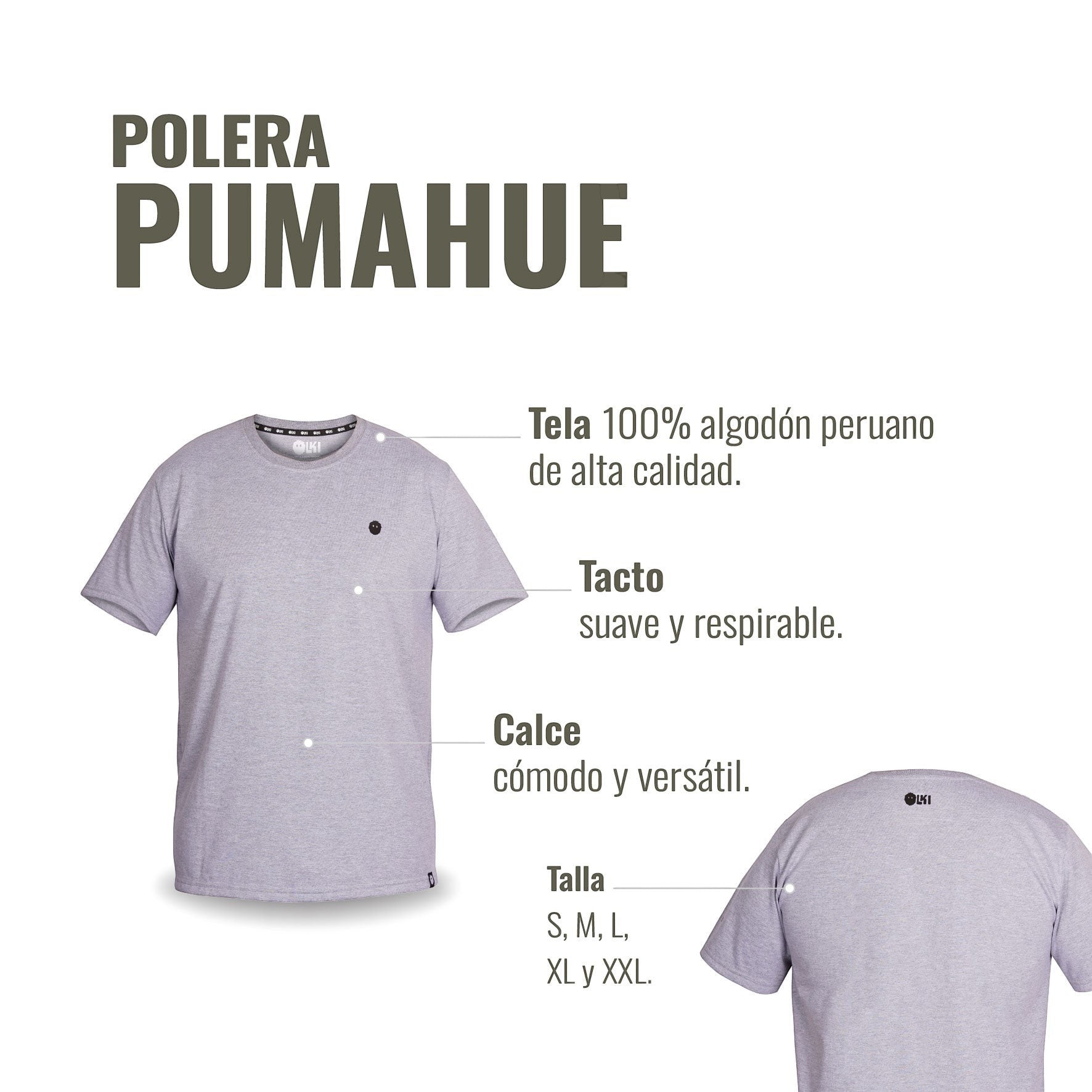 Polera gris de manga corta OLKI Pumahue 100% algodón peruano premium, tacto suave y calce versátil.