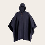 Poncho clásico azul marino de lana premium OLKI con capucha y tres botones de madera.