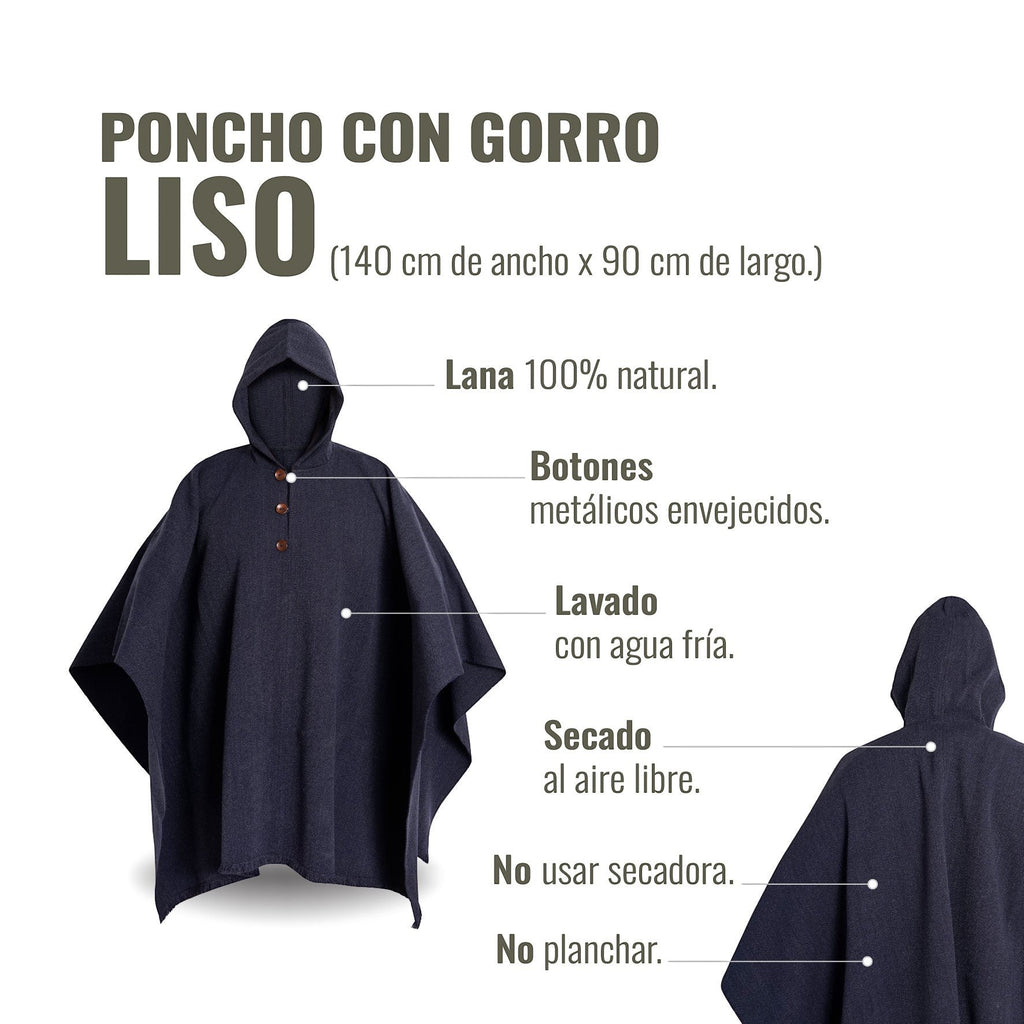 Poncho clásico de lana 100% natural azul marino de OLKI con capucha y botones metálicos envejecidos.