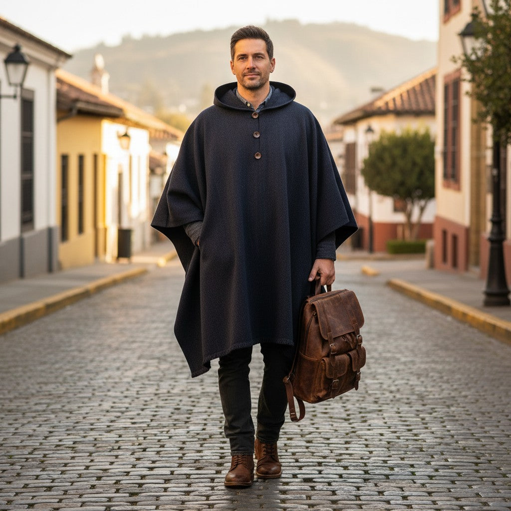 Poncho clásico azul marino de lana premium OLKI con capucha y tres botones de madera.