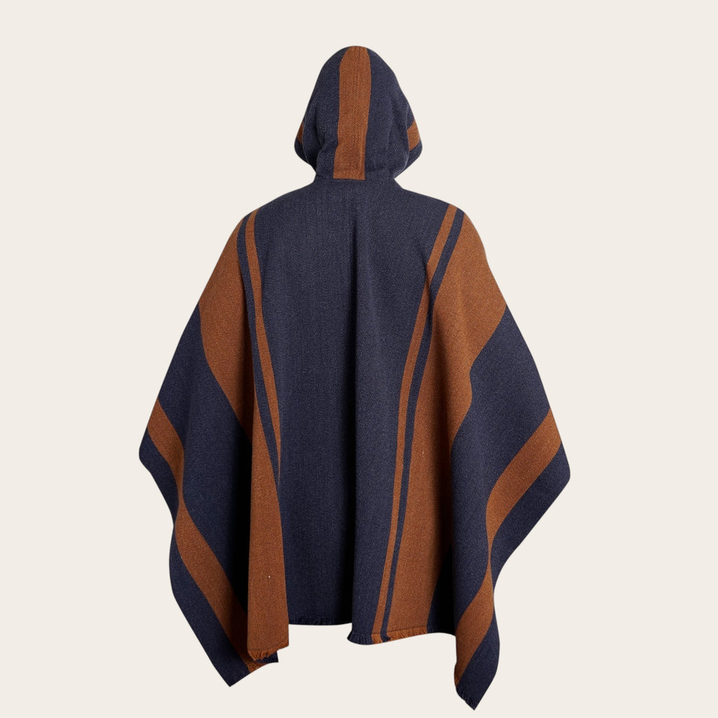 Poncho clásico de lana premium OLKI azul con rayas marrones y capucha integrada. Diseño tradicional.