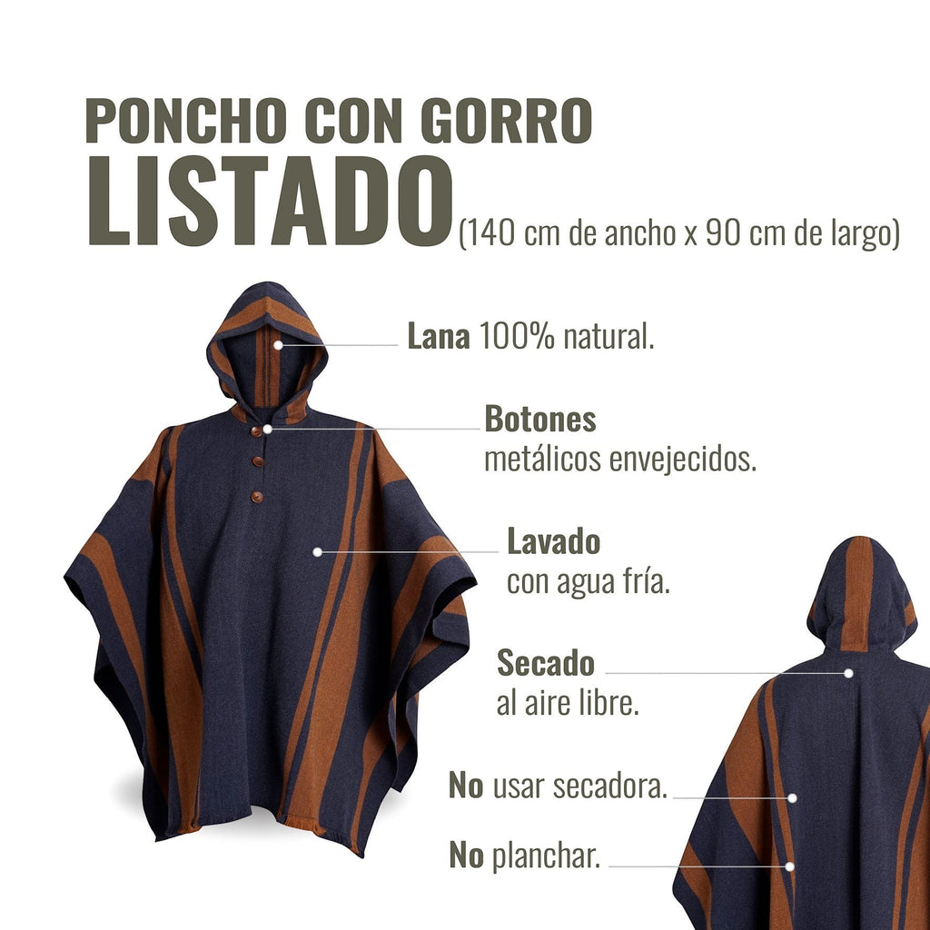 Poncho clásico de lana 100% natural OLKI azul marino con rayas marrones, capucha y botones metálicos envejecidos.