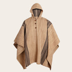 Poncho clásico de lana premium OLKI beige con capucha y botones, tejido a telar con rayas verticales y detalles en negro.