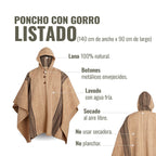 Poncho clásico de lana 100% natural OLKI en color beige con rayas marrones, capucha y botones envejecidos.