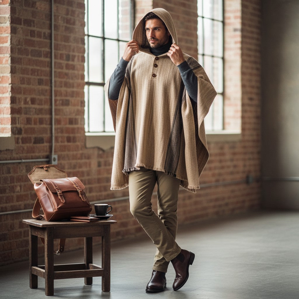 Poncho clásico beige de lana premium OLKI con capucha y botones de madera, tejido a mano con rayas verticales y detalles en negro.
