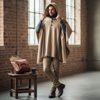 Poncho clásico beige de lana premium OLKI con capucha y botones de madera, tejido a mano con rayas verticales y detalles en negro.